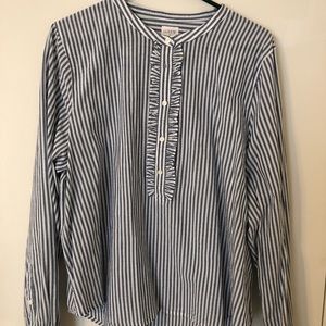 JCrew Factory Blue and White Striped Ruffle Blouse
